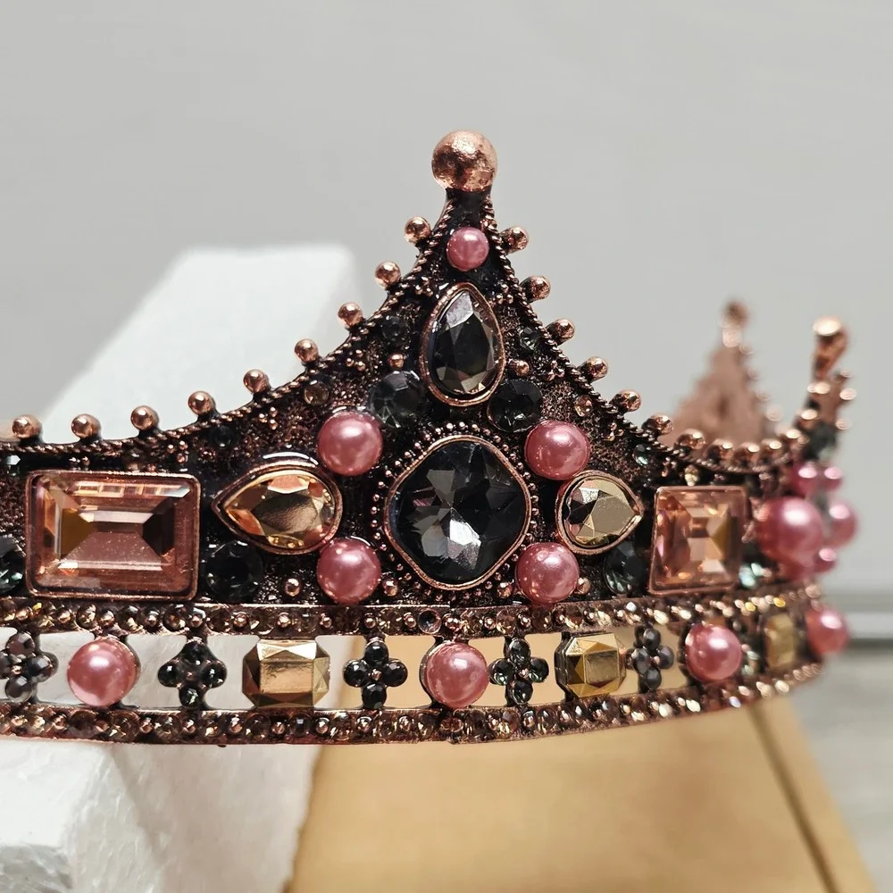 Rose Gold Pink Pearl Crystal Full Round Crown Tiara Royal Pageant  Headpiece